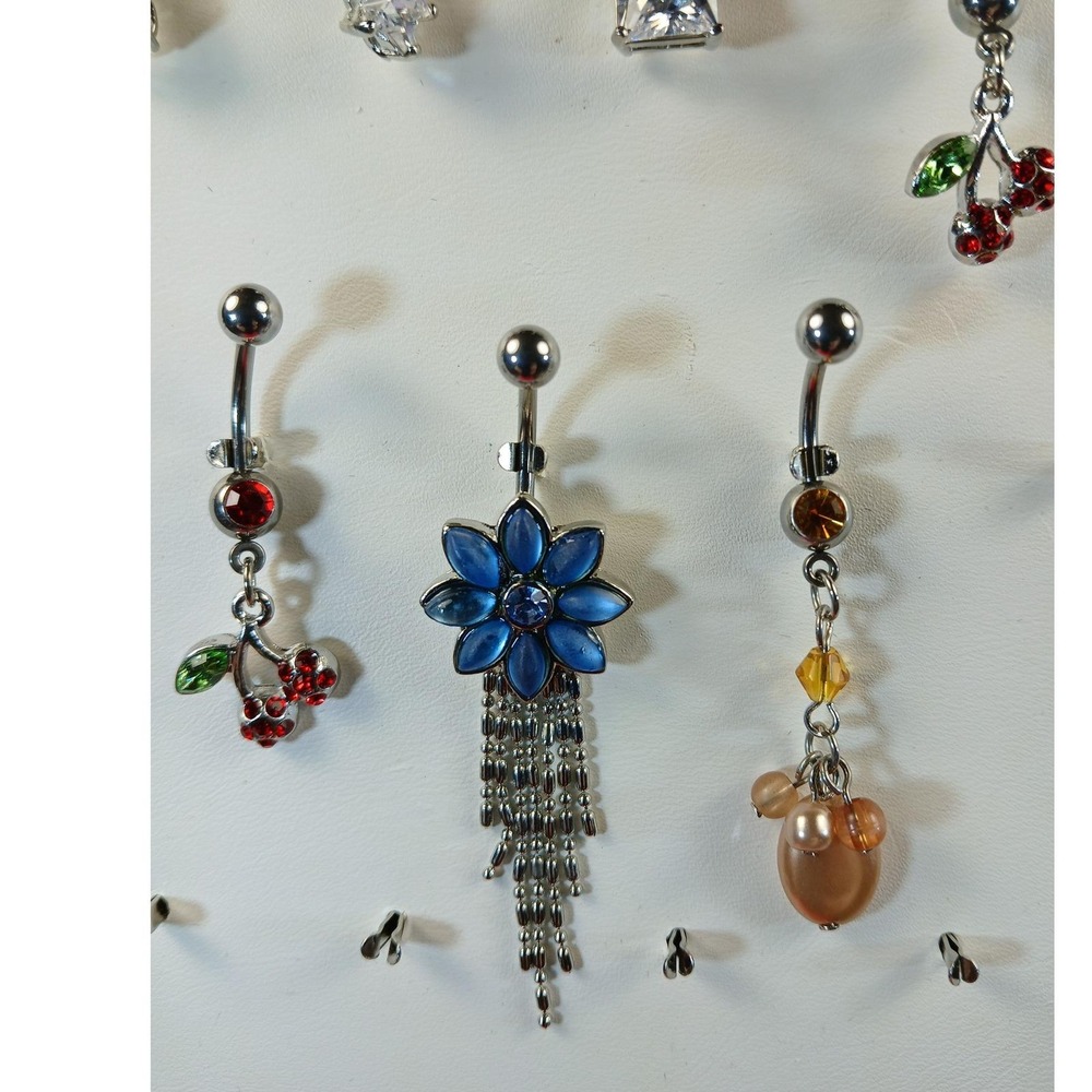 Vintage 90s Belly Button Rings 316L Surgical Steel 14G Cherry Flower CZ 7pc Set - Picture 16 of 17